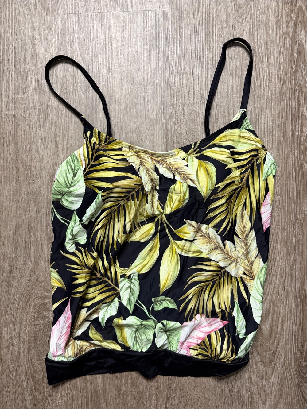 Lands' End Black Tropical Leaf Tankini Top with Yellow & Green Leaves